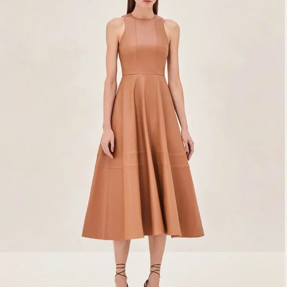 BEST Alexis England Midi Dress - Saddle Tan Beige Cocktail Party Casual Formal - Picture 1 of 8